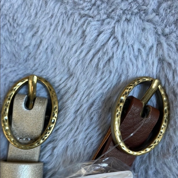 NEW Linea Pelle Gold and Brown Faux Leather Belts with Hammered Buckle Set of 2 - Picture 4 of 4